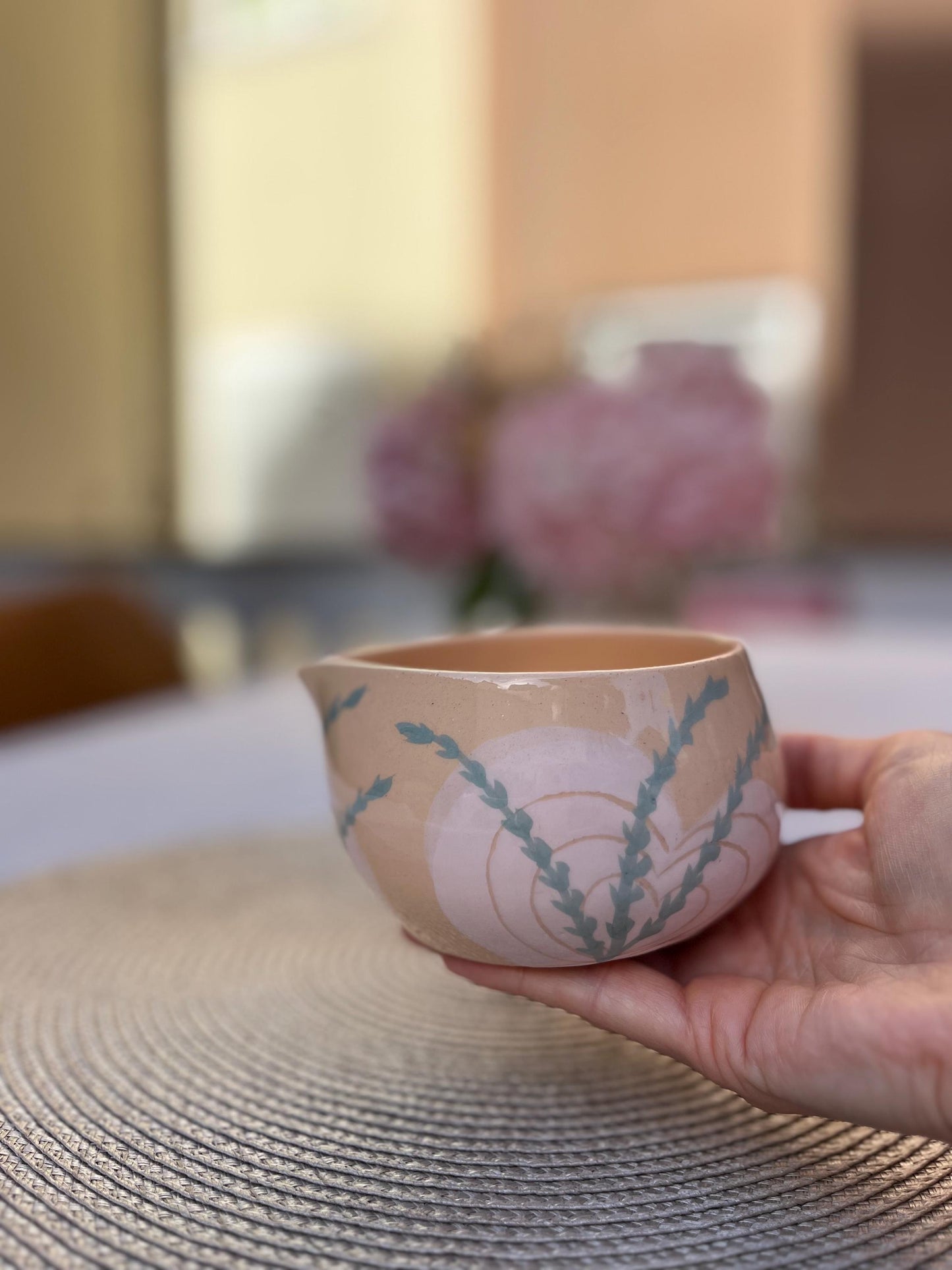 Handmade Botanical Matcha Bowl with Spout | Ceramic Pouring Tea Chawan