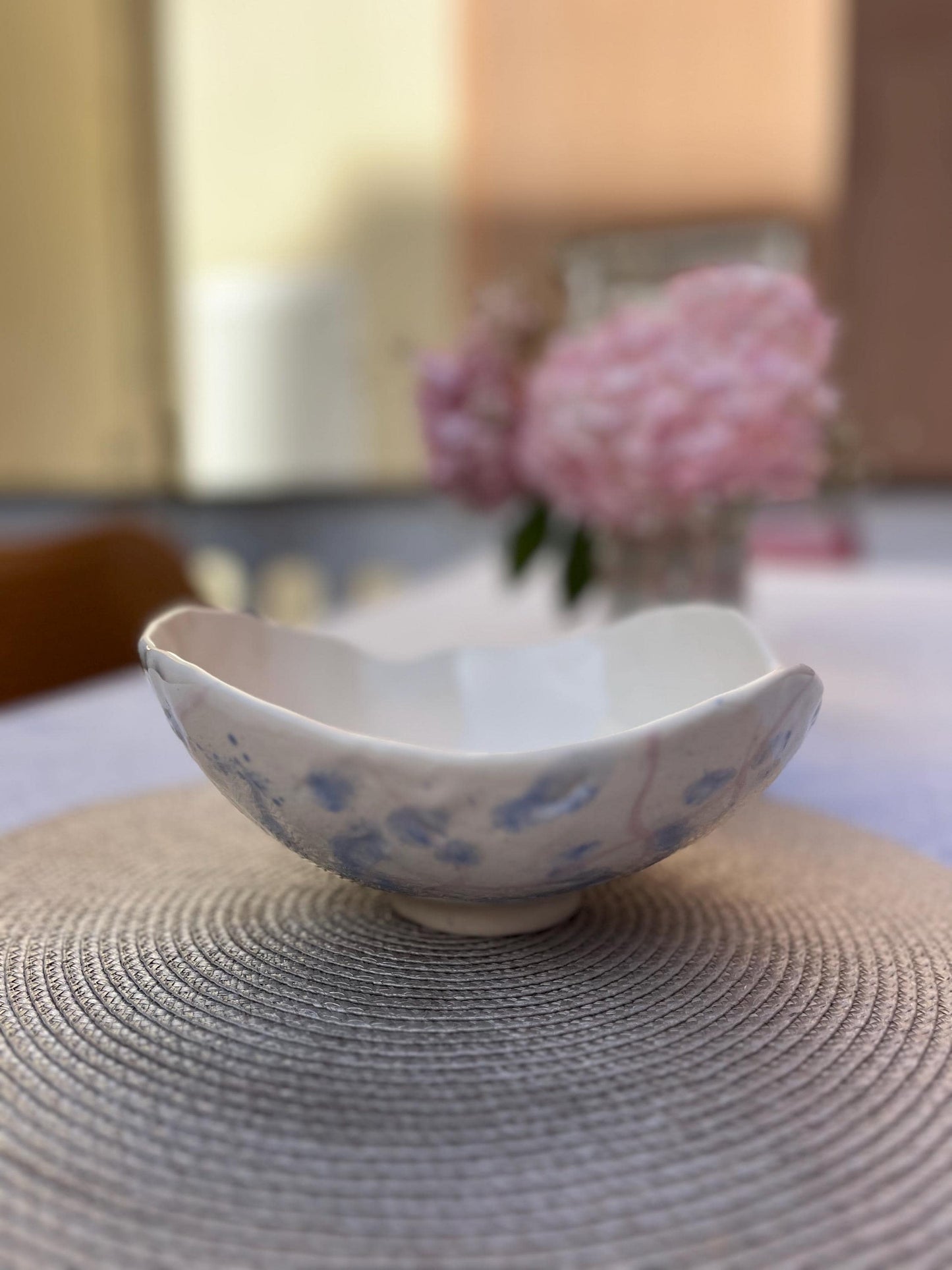 Handmade Ceramic Serving Bowl | White and Blue Floral Wavy Rim Fruit Bowl