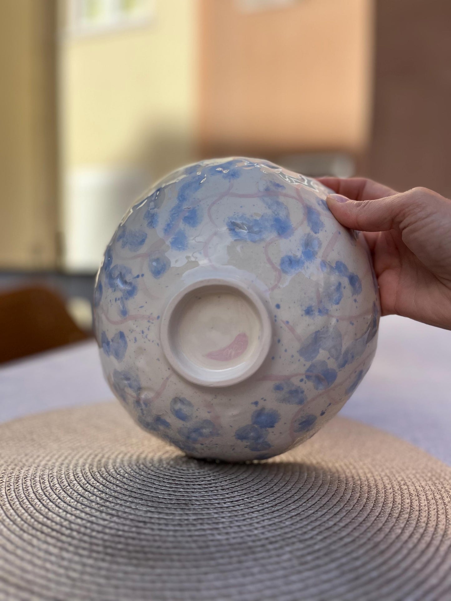 Handmade Ceramic Serving Bowl | White and Blue Floral Wavy Rim Fruit Bowl