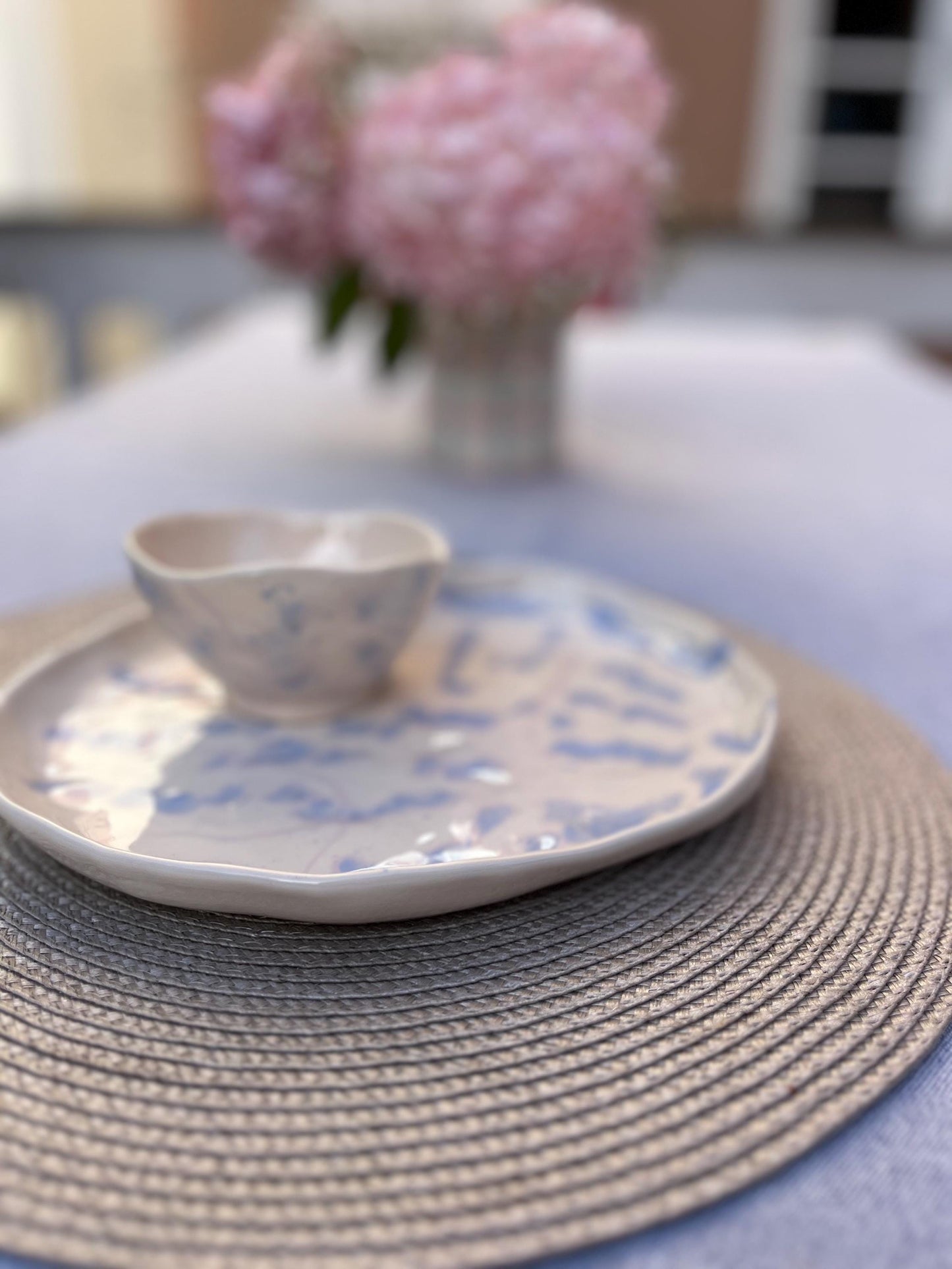 Handmade Stoneware Bowl with Blue Absract Pattern | Organic Pottery Serving Dish