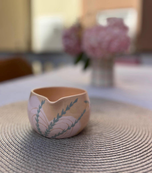 Handmade Botanical Matcha Bowl with Spout | Ceramic Pouring Tea Chawan