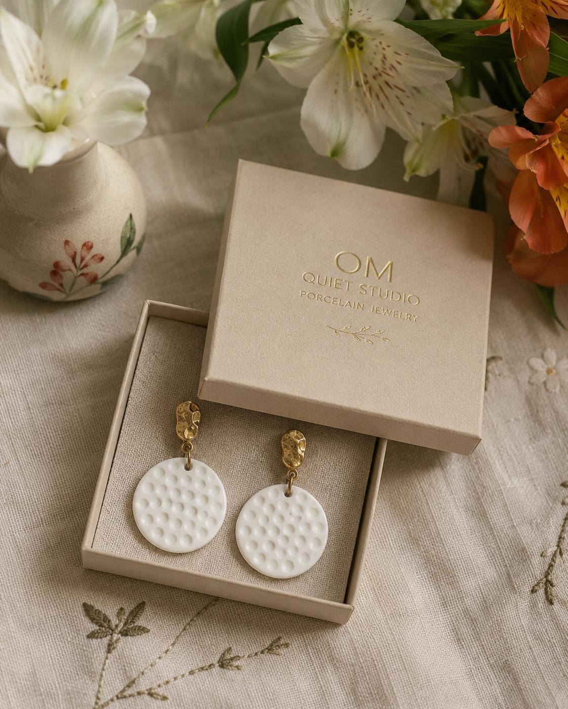 Textured White Porcelain Earrings | Minimalist Brass Statement Jewelry