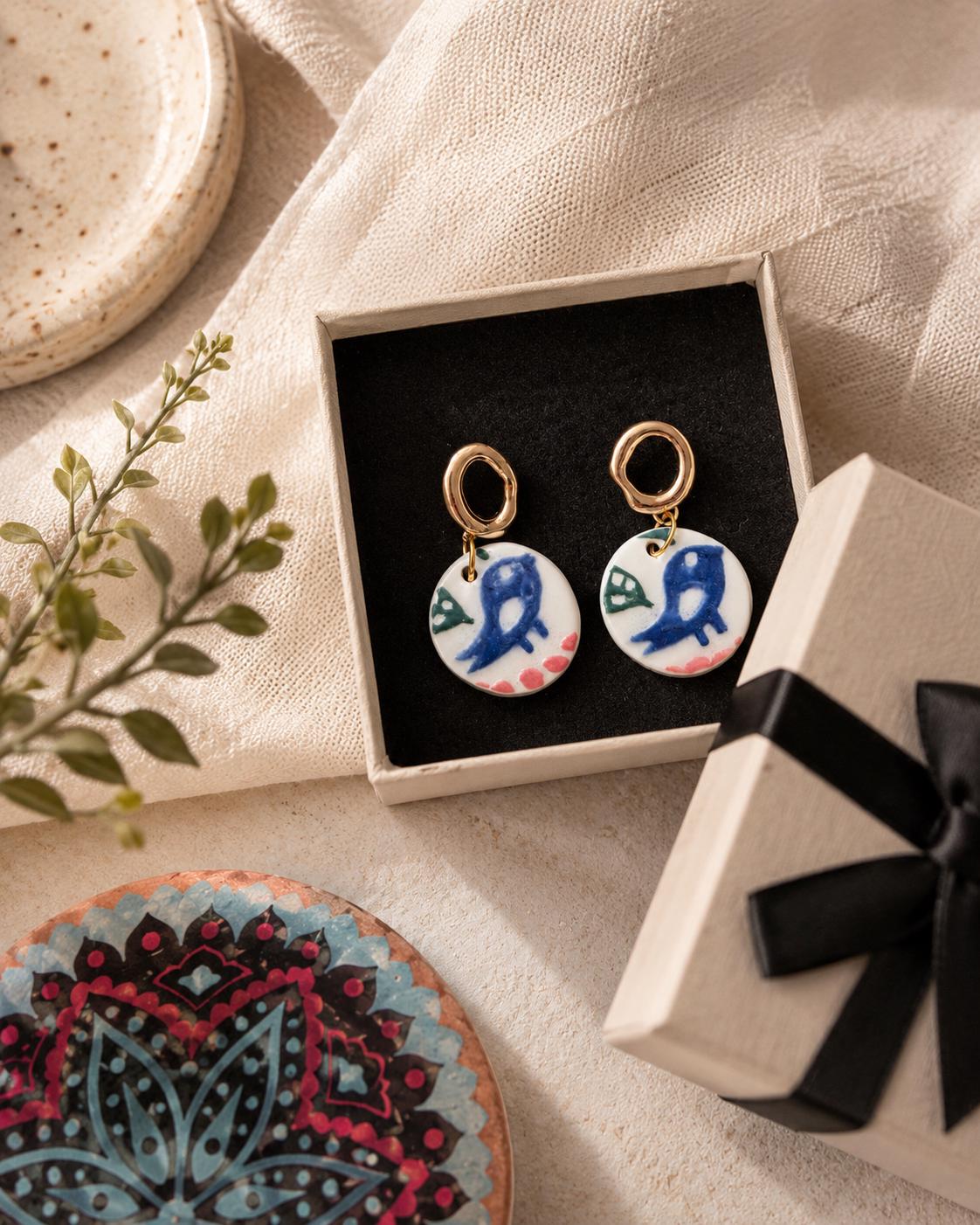 Hand Painted Porcelain Bird Earrings, Handmade Ceramic Earrings, Blue Bird Jewelry