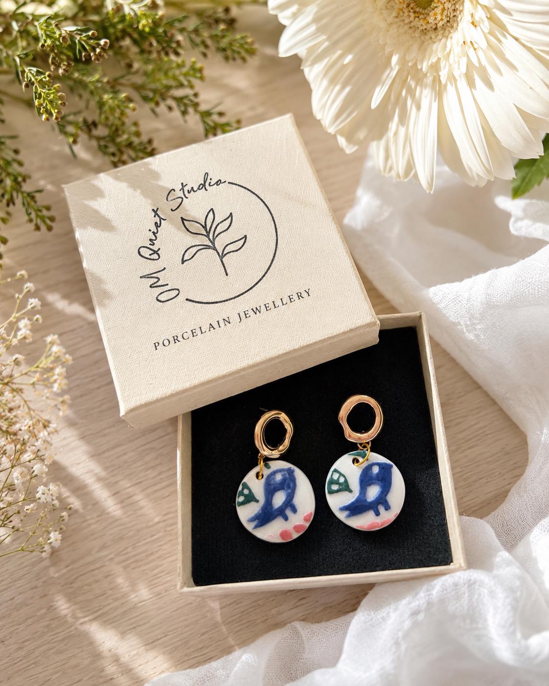 Hand Painted Porcelain Bird Earrings, Handmade Ceramic Earrings, Blue Bird Jewelry