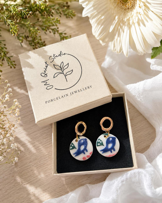 Hand Painted Porcelain Bird Earrings, Handmade Ceramic Earrings, Blue Bird Jewelry