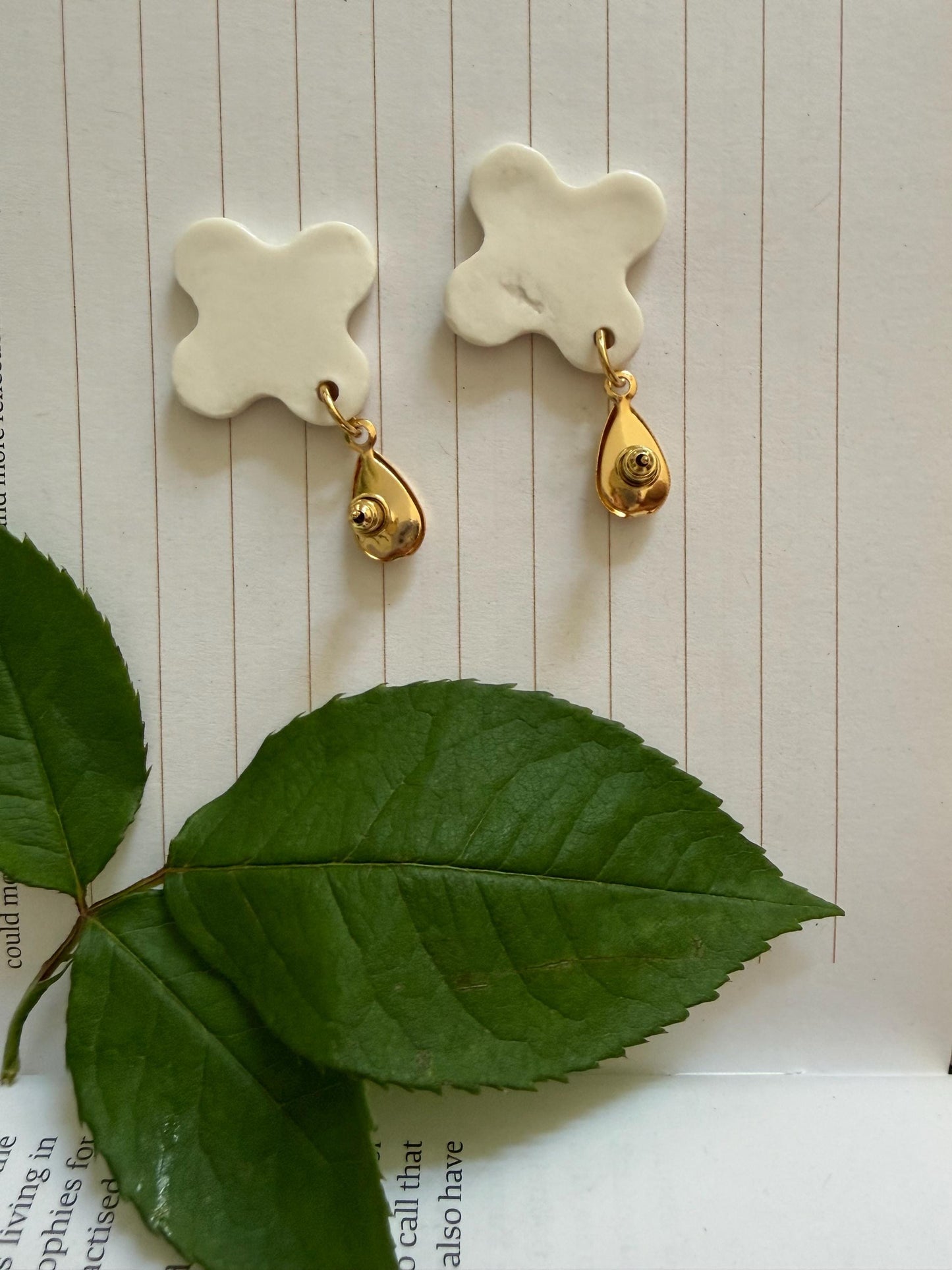 Handmade Porcelain Flower Earrings | Geometric Ceramic Studs, Gold Plated