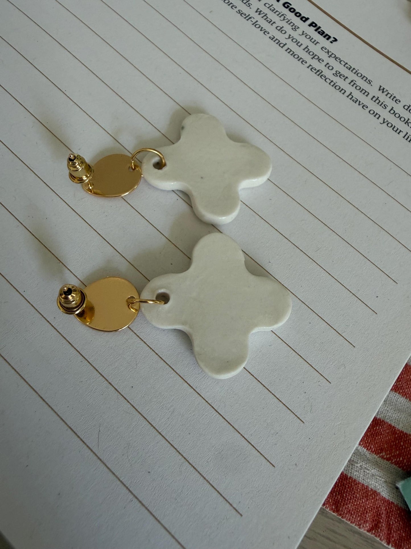 Handmade Porcelain Flower Earrings | Geometric Ceramic Studs, Gold Plated