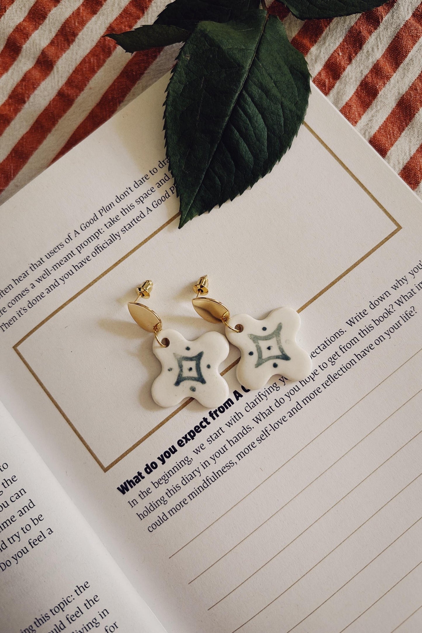 Handmade Porcelain Flower Earrings | Geometric Ceramic Studs, Gold Plated