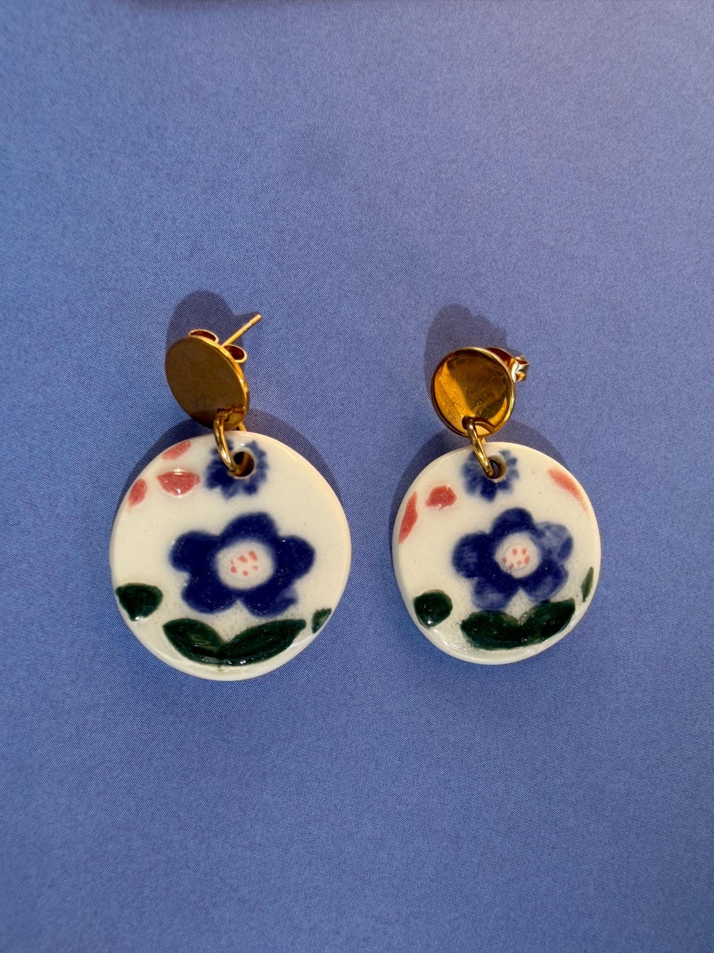 Hand Painted Porcelain Flower Earrings | Handmade Ceramic Floral Earrings | Blue Flower Jewelry