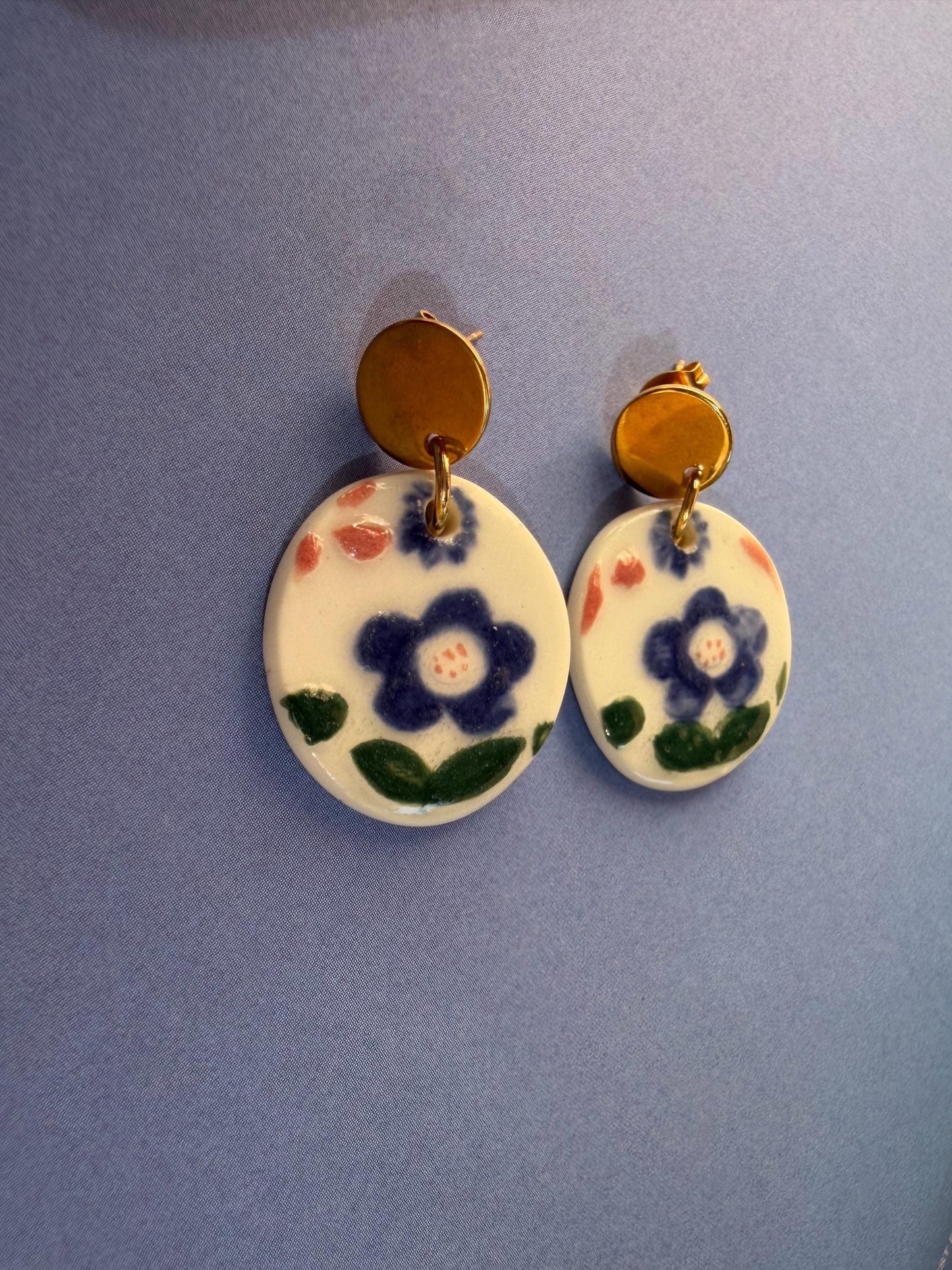 Hand Painted Porcelain Flower Earrings | Handmade Ceramic Floral Earrings | Blue Flower Jewelry