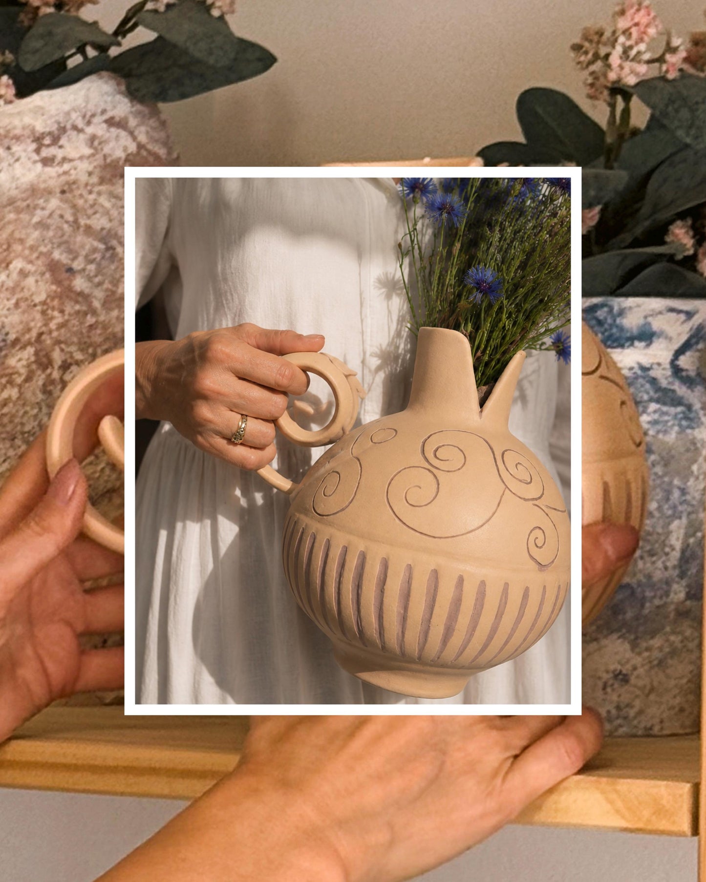 Handmade Amphora Vase with Handle | Rustic Terracotta Stoneware Flower Vase