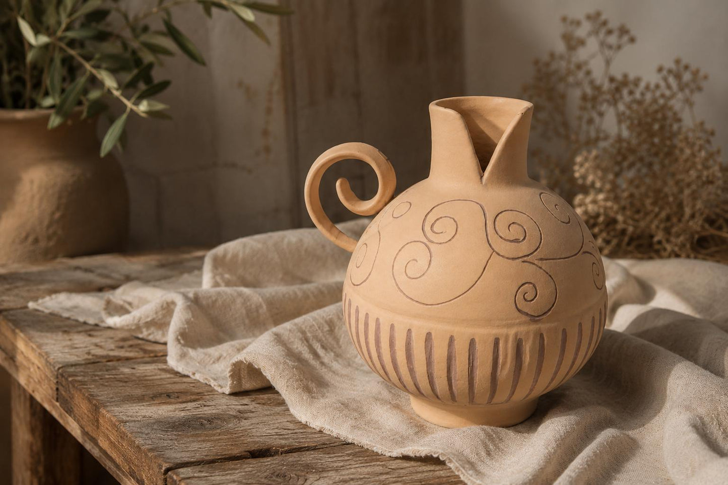Handmade Amphora Vase with Handle | Rustic Terracotta Stoneware Flower Vase
