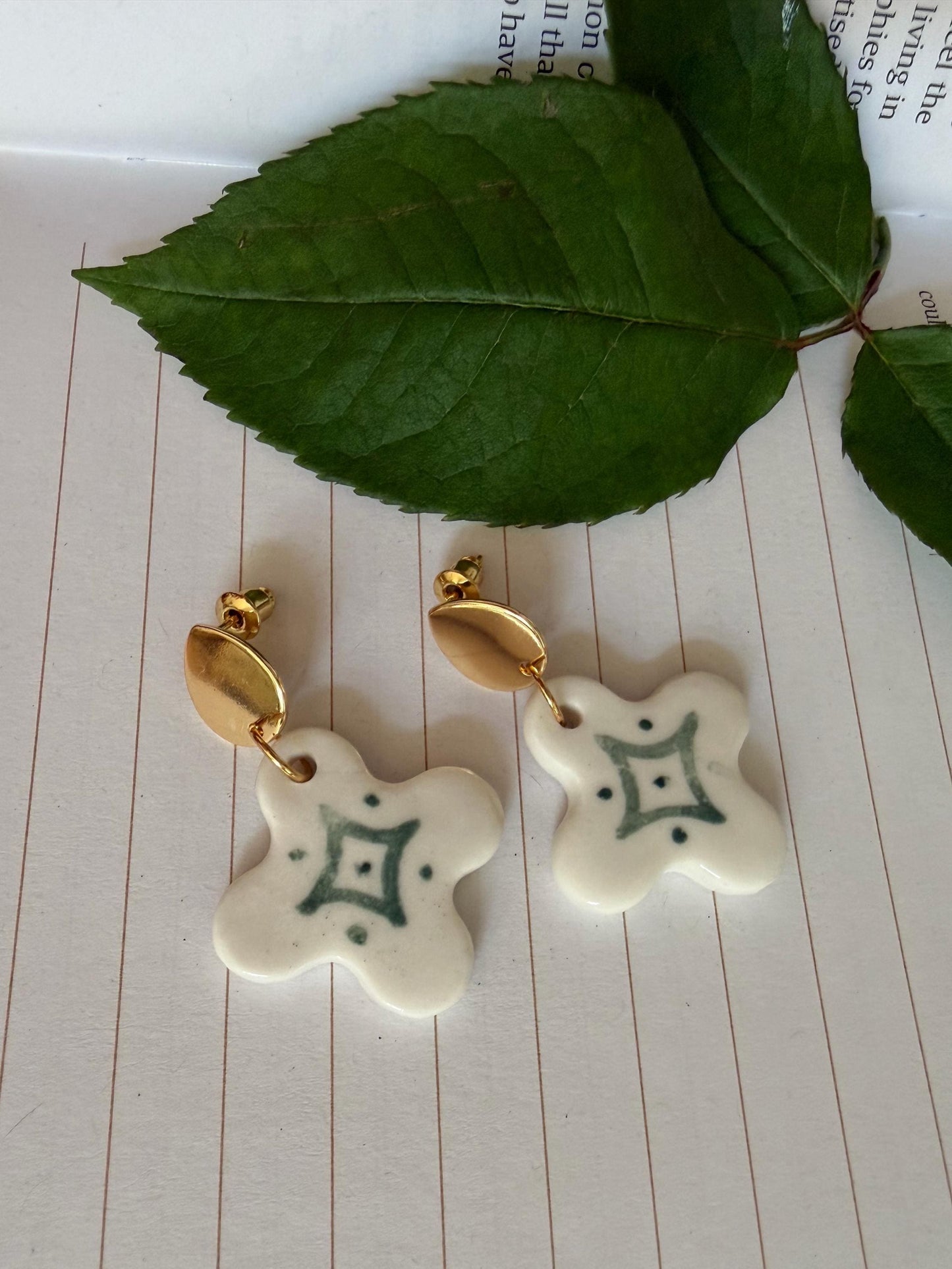 Handmade Porcelain Flower Earrings | Geometric Ceramic Studs, Gold Plated