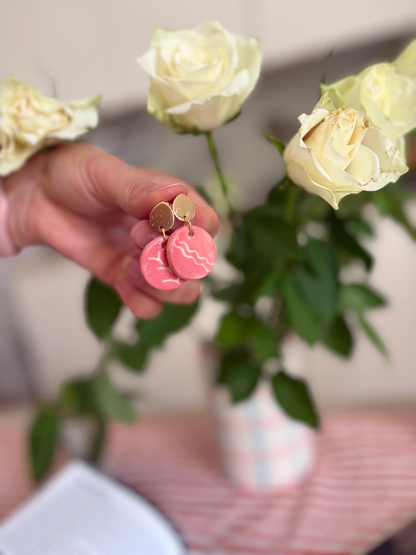 Handmade Pink Porcelain Earrings | Gold Plated Studs, Nature Inspired Design