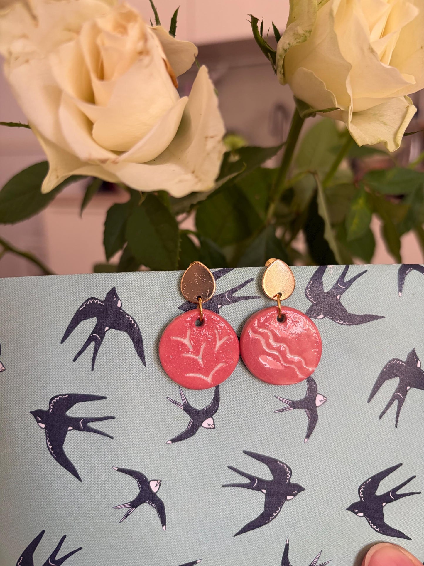 Handmade Pink Porcelain Earrings | Gold Plated Studs, Nature Inspired Design