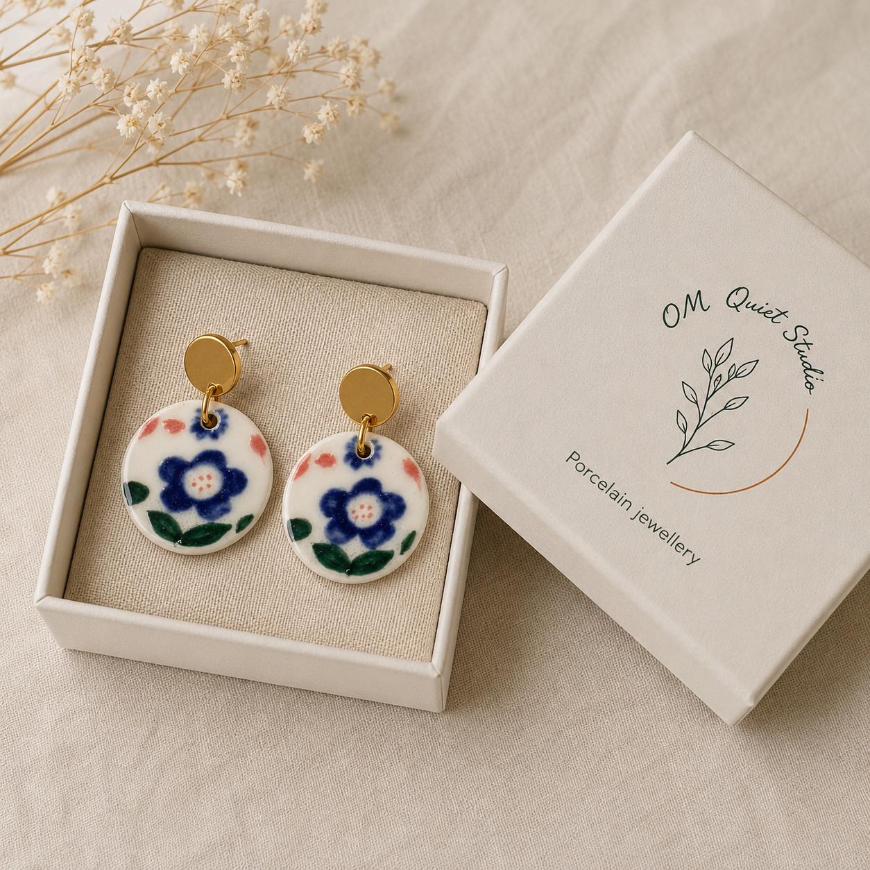 Hand Painted Porcelain Flower Earrings | Handmade Ceramic Floral Earrings | Blue Flower Jewelry