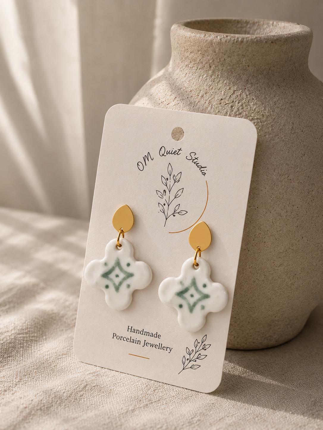 Handmade Porcelain Flower Earrings | Geometric Ceramic Studs, Gold Plated