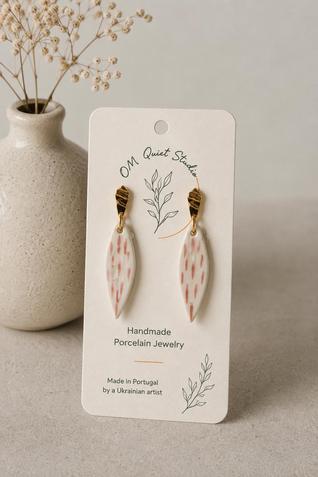 Pink Porcelain Earrings | Handmade Ceramic Dangle Earrings | Minimalist Botanical Jewelry