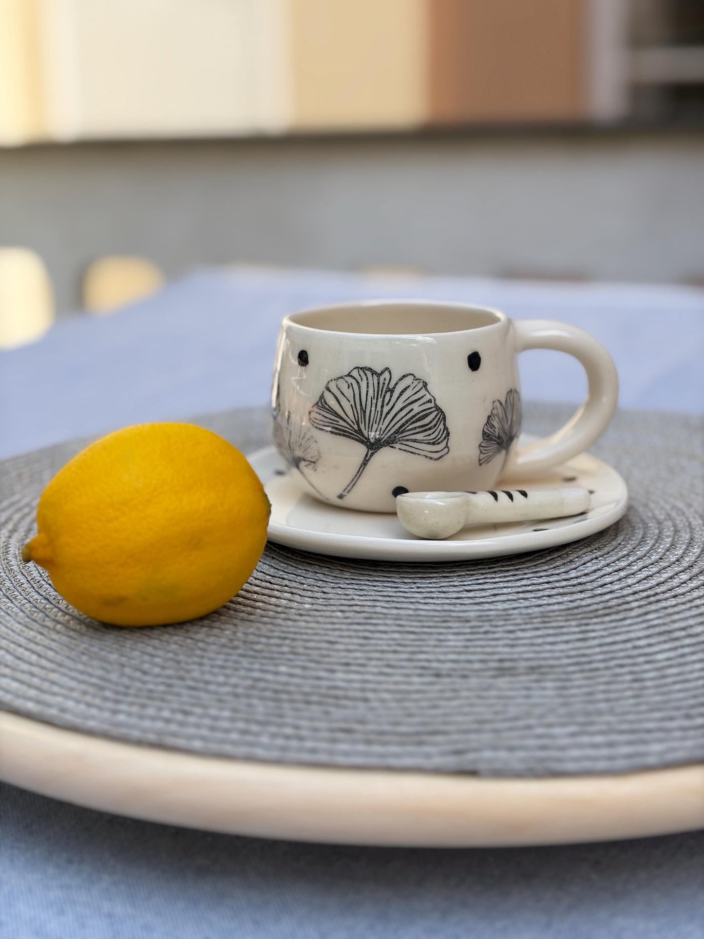 Handmade Ceramic Coffee Cup & Saucer Set – Ginkgo Leaf Botanical Mug
