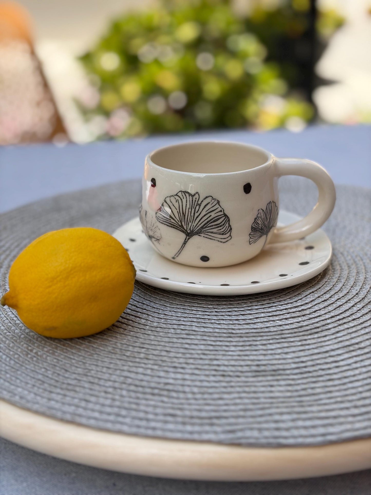 Handmade Ceramic Coffee Cup & Saucer Set – Ginkgo Leaf Botanical Mug
