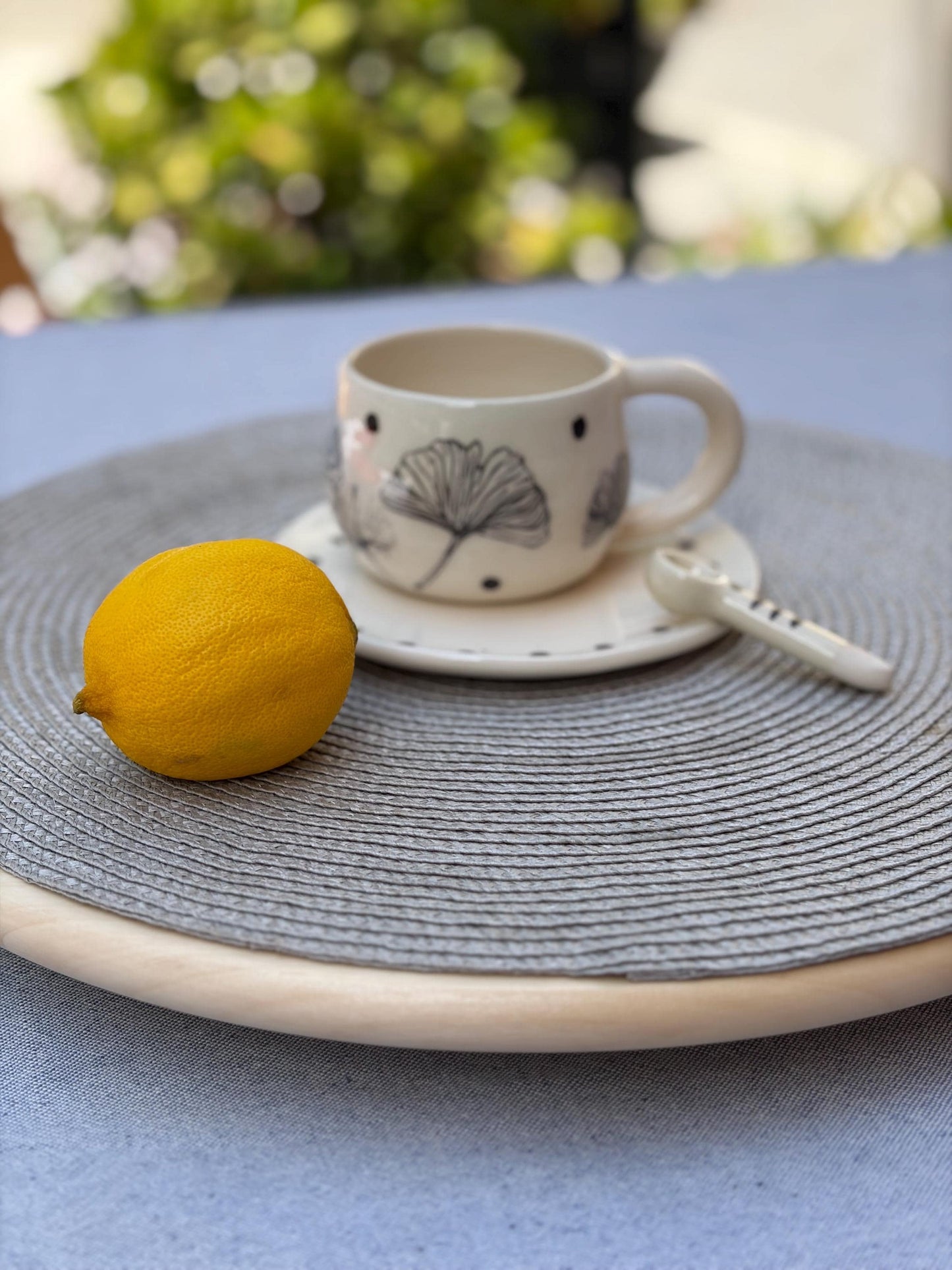 Handmade Ceramic Coffee Cup & Saucer Set – Ginkgo Leaf Botanical Mug