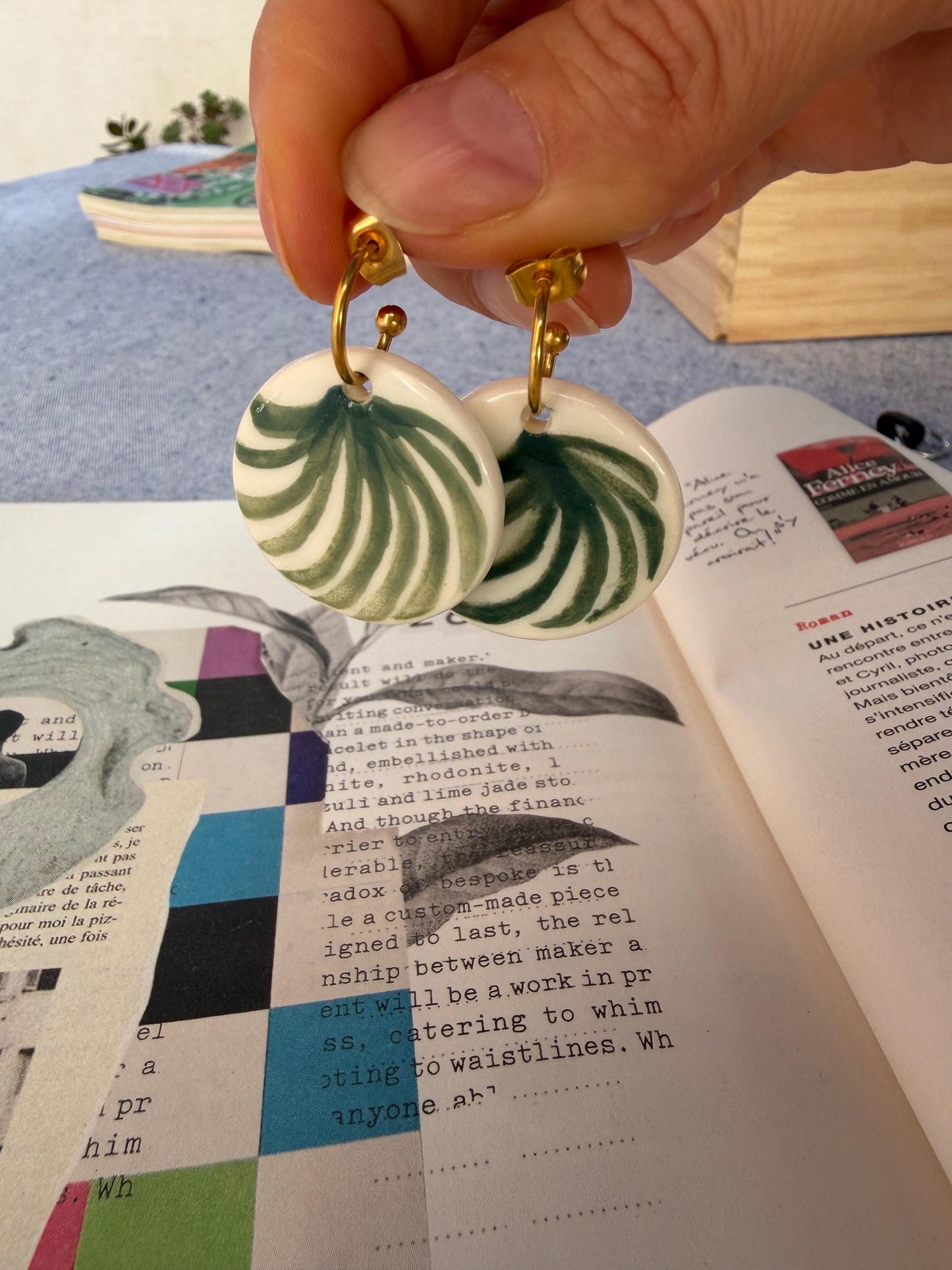 Handmade Porcelain Earrings – Green Palm Leaf Earrings, Botanical Ceramic Jewelry