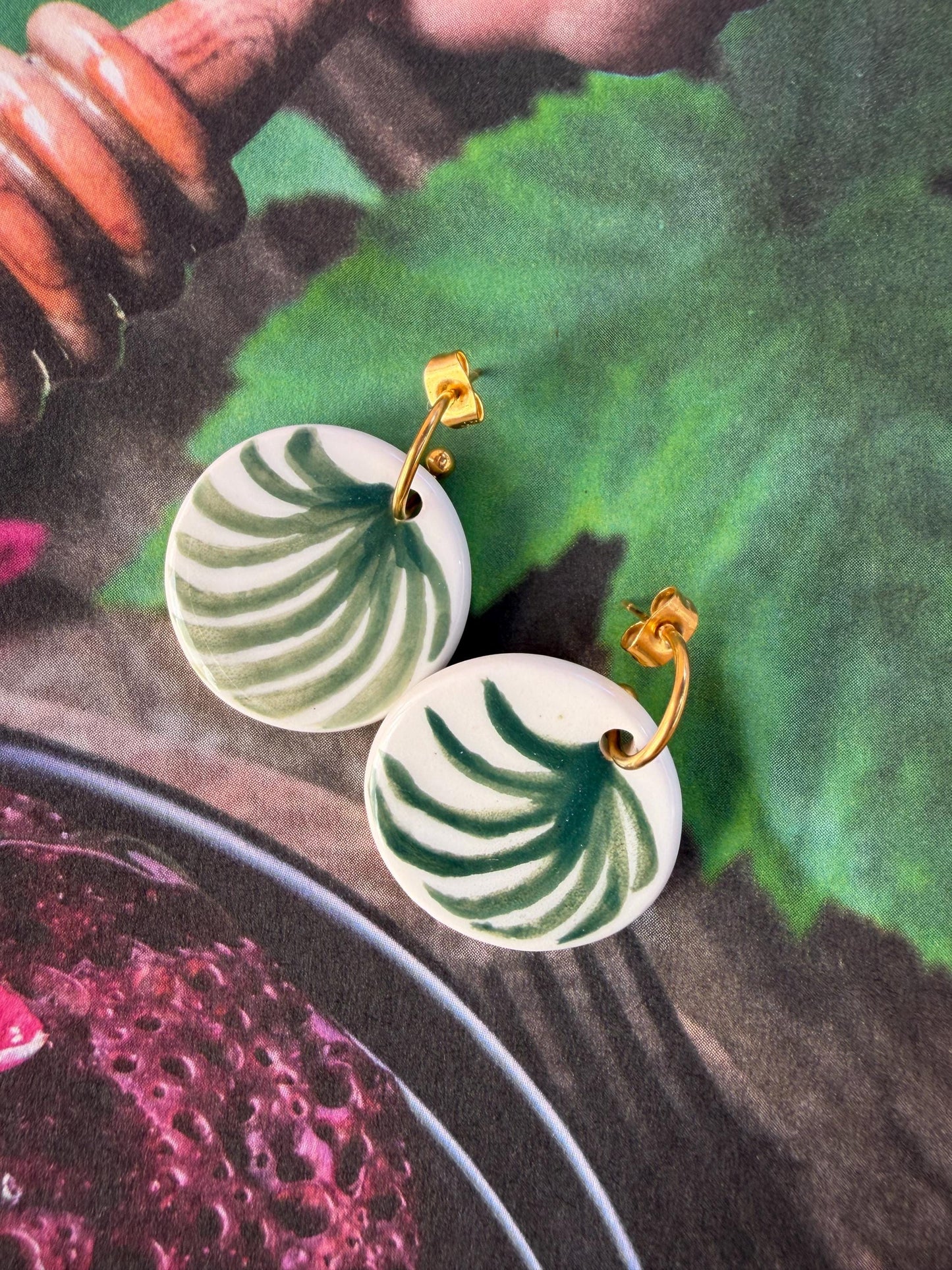 Handmade Porcelain Earrings – Green Palm Leaf Earrings, Botanical Ceramic Jewelry