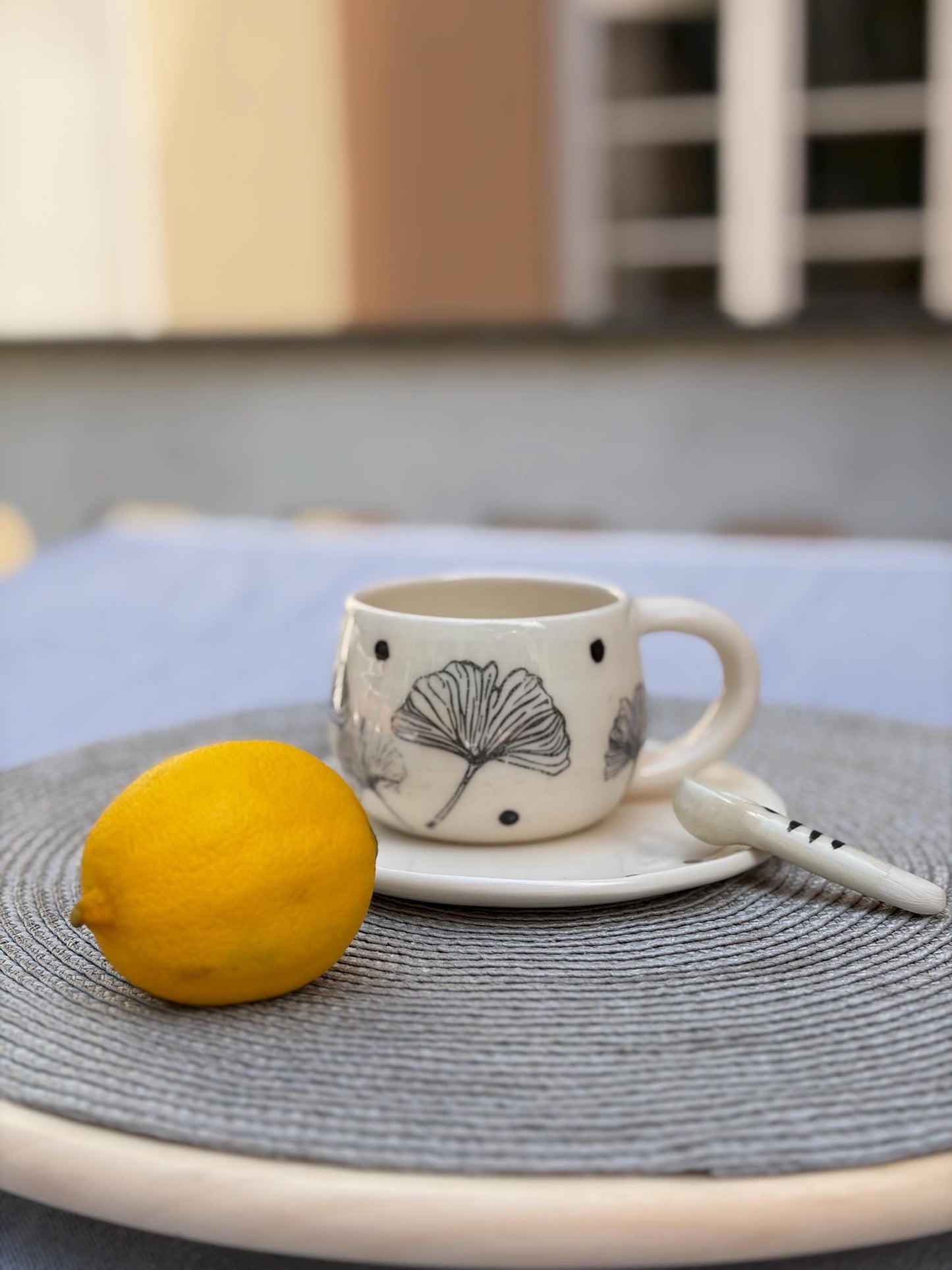 Handmade Ceramic Coffee Cup & Saucer Set – Ginkgo Leaf Botanical Mug