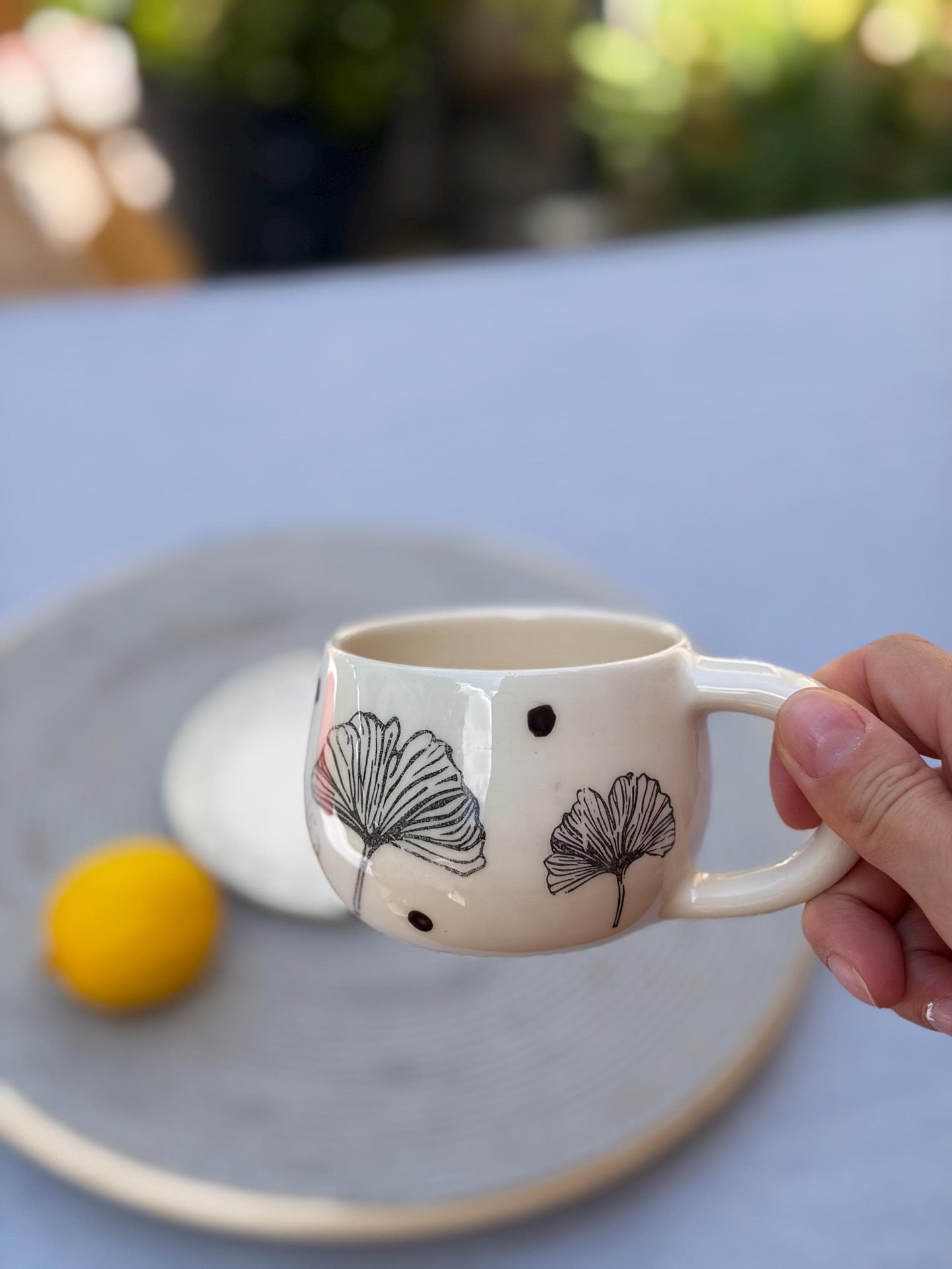 Handmade Ceramic Coffee Cup & Saucer Set – Ginkgo Leaf Botanical Mug
