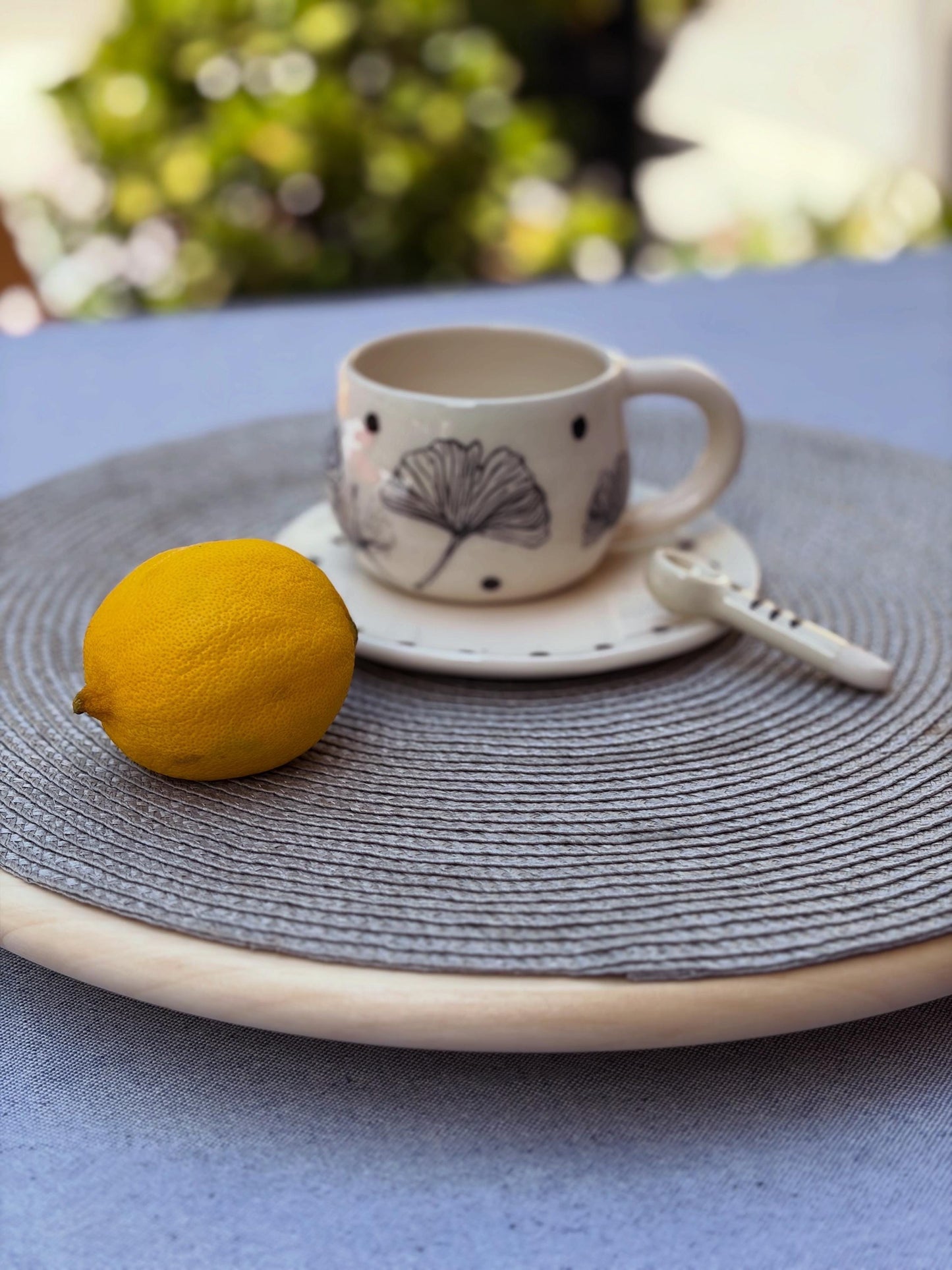 Handmade Ceramic Coffee Cup & Saucer Set – Ginkgo Leaf Botanical Mug
