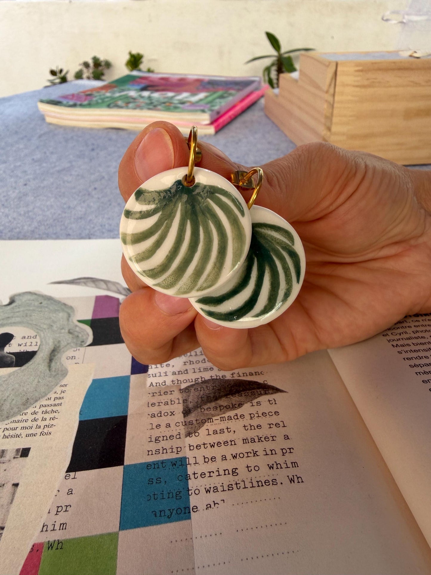 Handmade Porcelain Earrings – Green Palm Leaf Earrings, Botanical Ceramic Jewelry