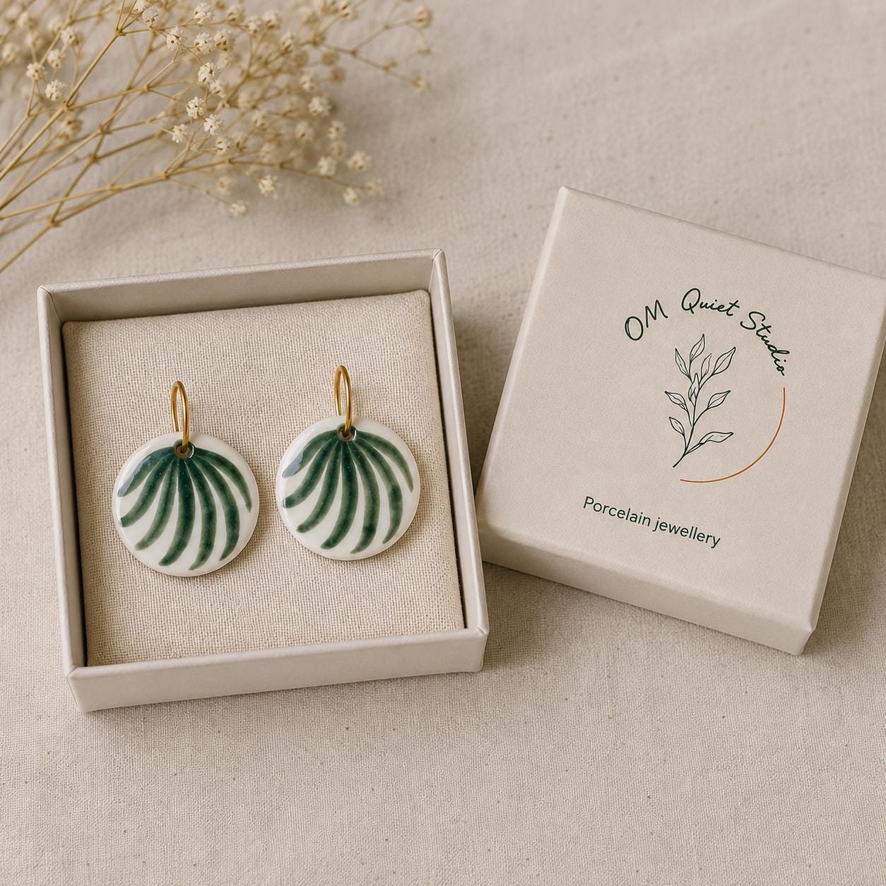 Handmade Porcelain Earrings – Green Palm Leaf Earrings, Botanical Ceramic Jewelry