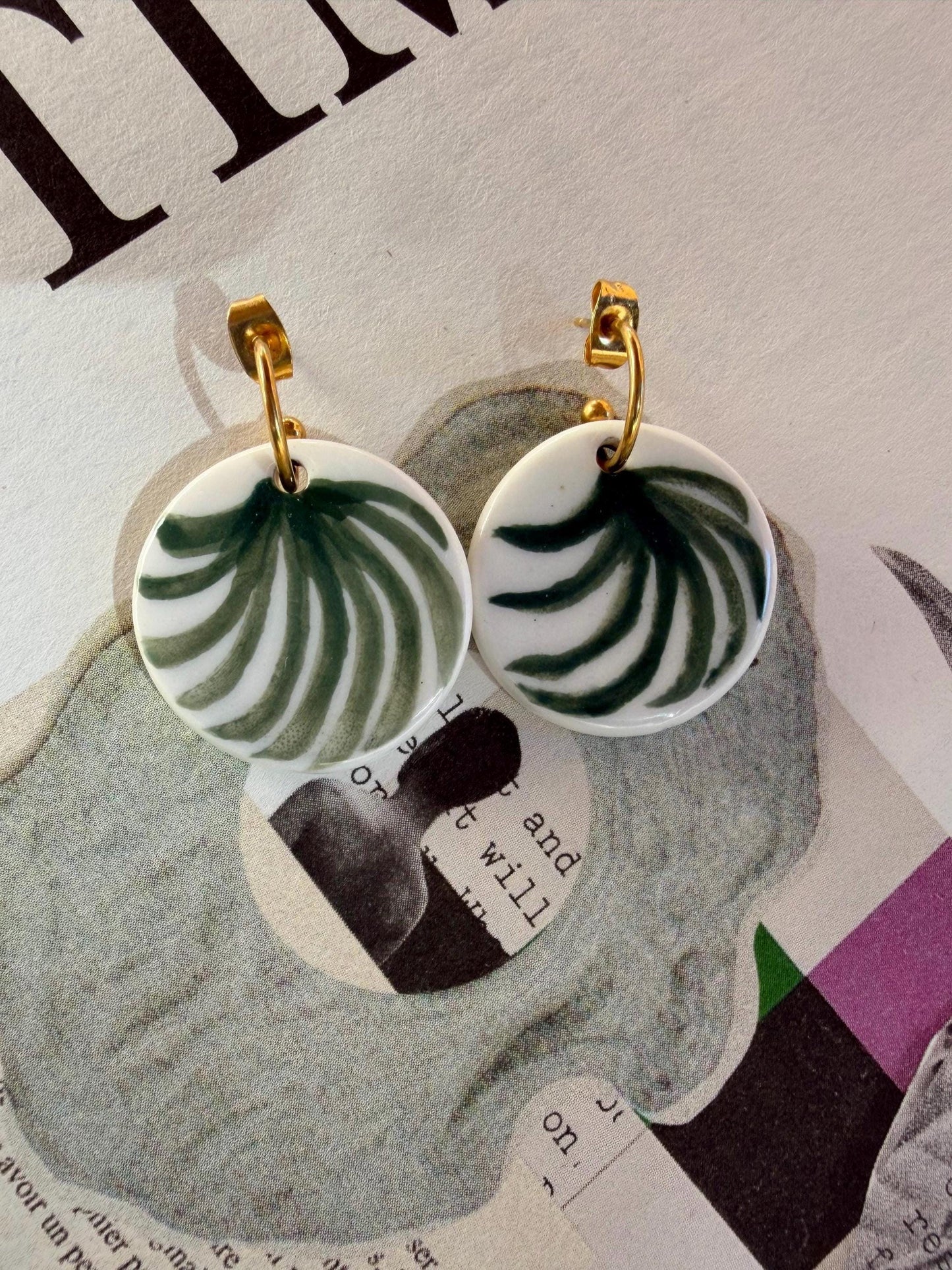 Handmade Porcelain Earrings – Green Palm Leaf Earrings, Botanical Ceramic Jewelry
